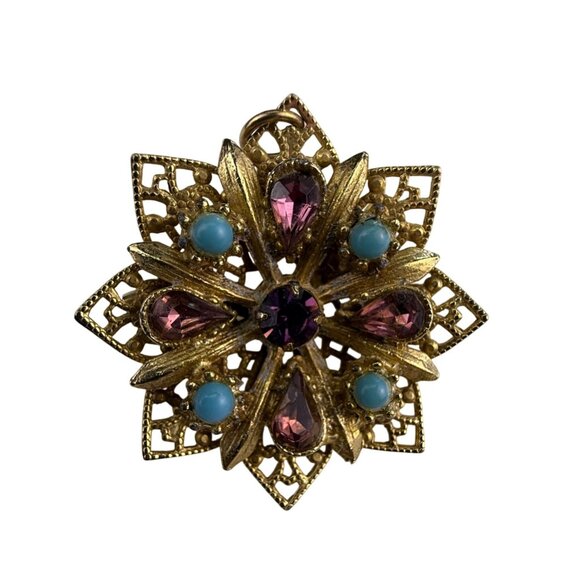 Vintage Gold-Tone Starburst Brooch With Purple & Blue Stones Filigree Design - Picture 1 of 3